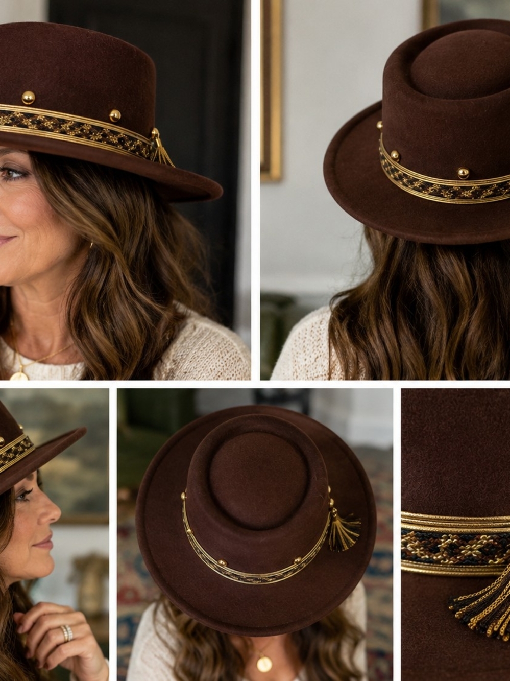 Vintage Women's Chocolate Brown Wool Felt Hat with Gold Tassel Band